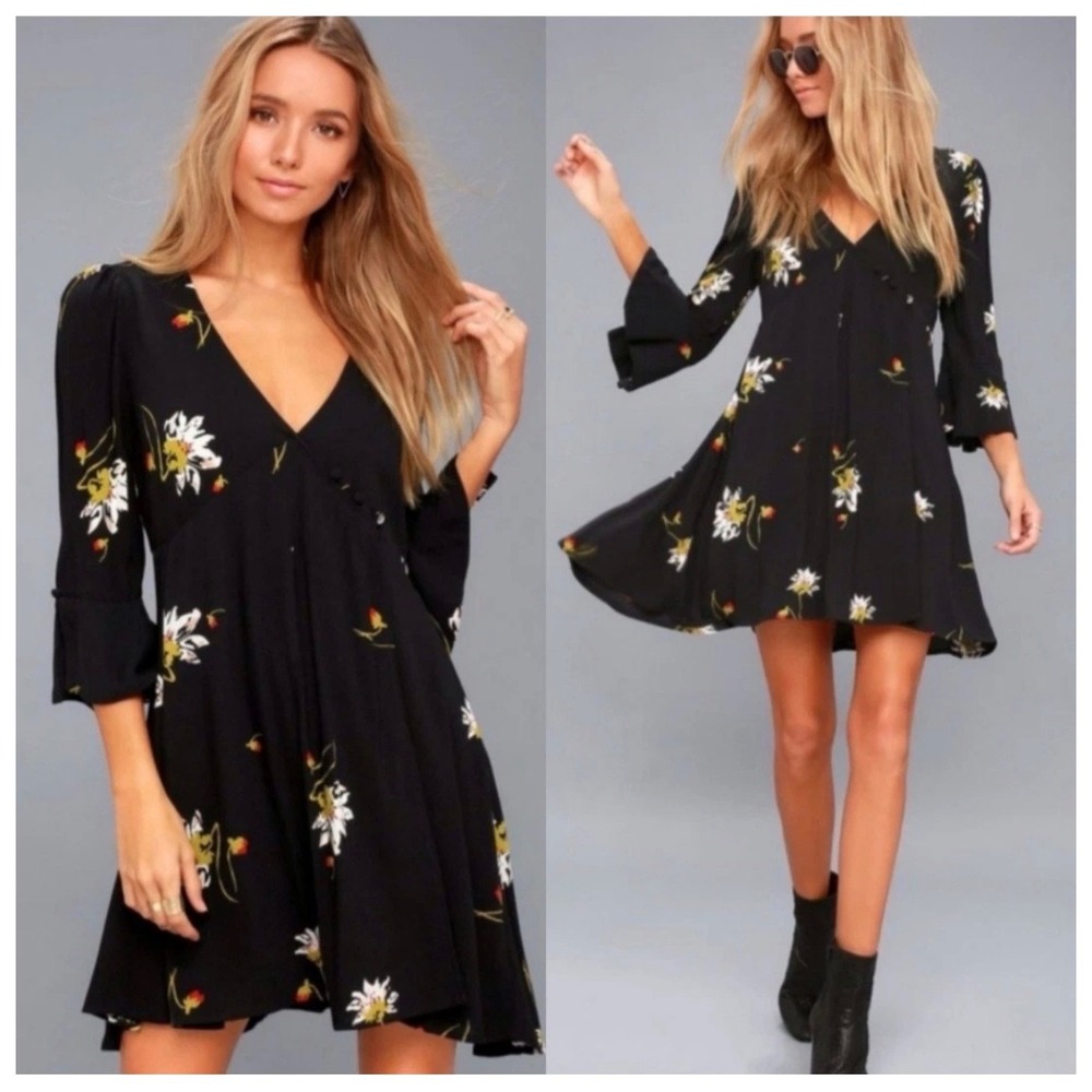 Free People Time On My Side Wrap Dress Women XS Black Floral Bell Sleeve Mini